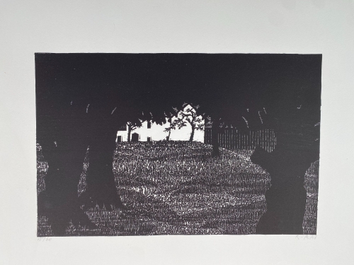 Ruedi Peter, 1990, Holzschnitt 15/60, Haus im Wald